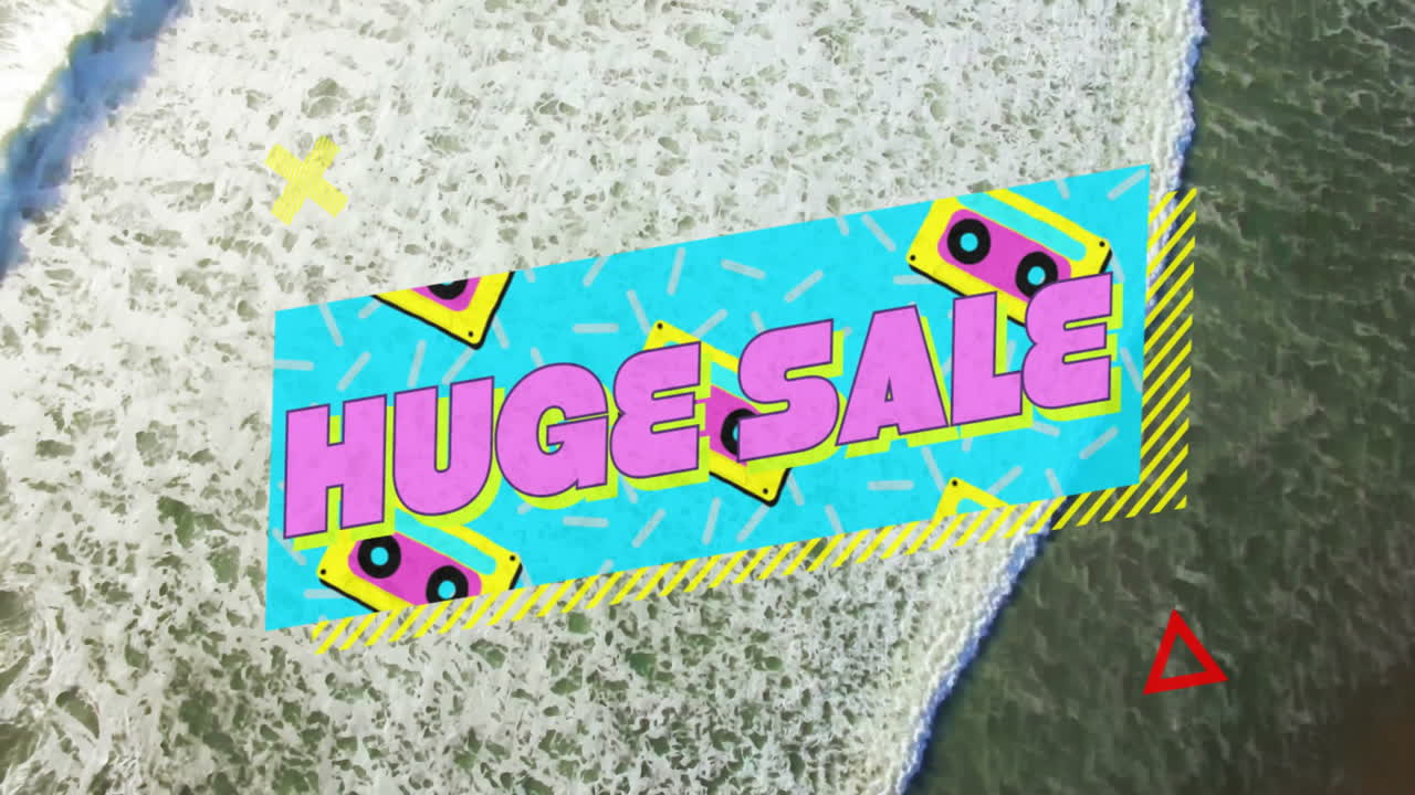 Huge sale text animation over colorful geometric shapes and ocean waves