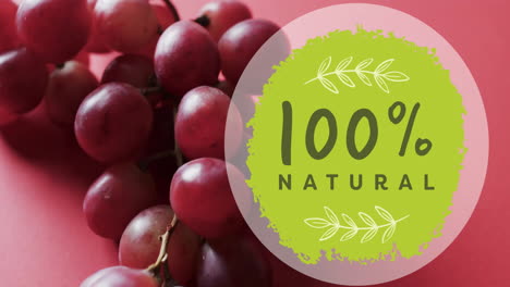 animation of 100 percent natural text on green circle over red grapes on pink background