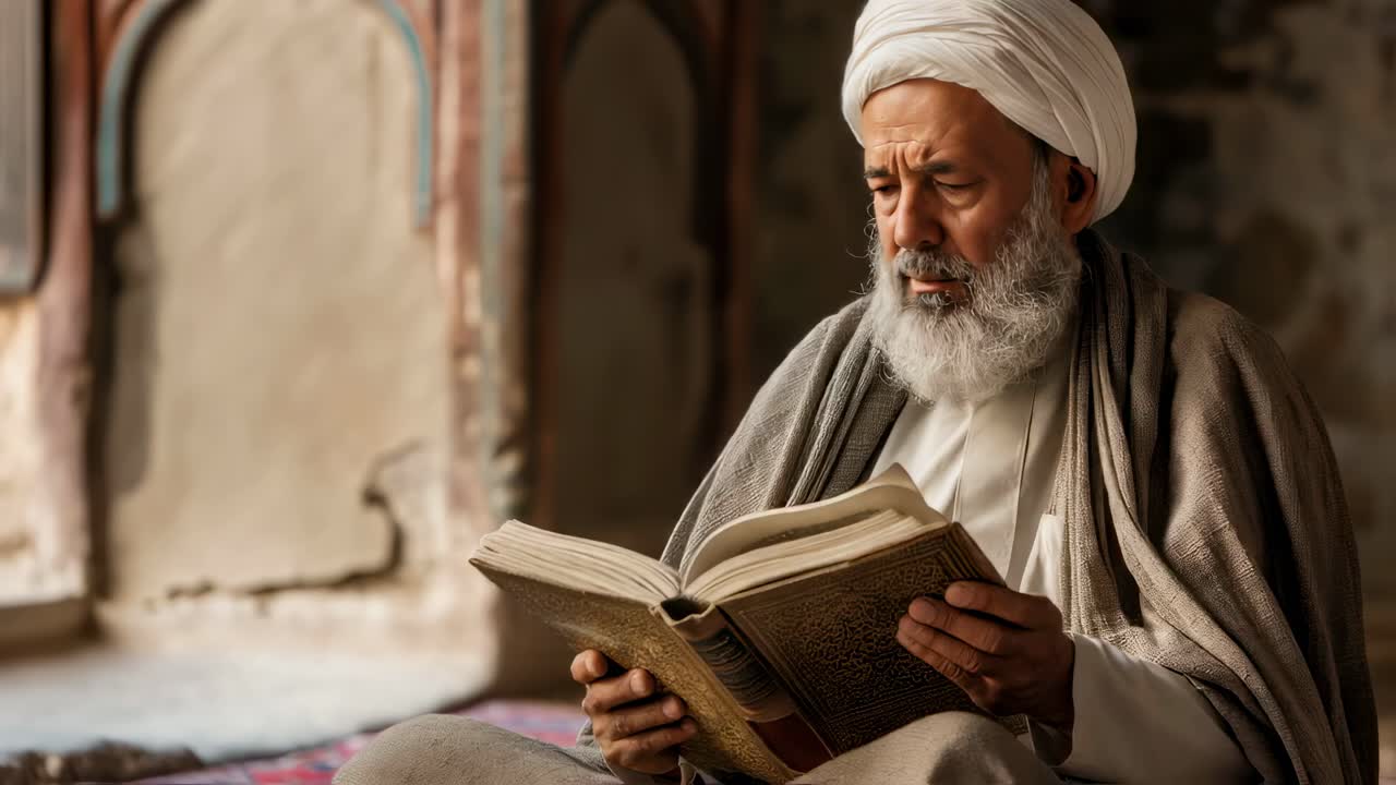 Senior muslim man wearing traditional turban, sitting cross legged while reading sacred quran with deep spiritual concentration inside historic mosque, illuminated by soft architectural light