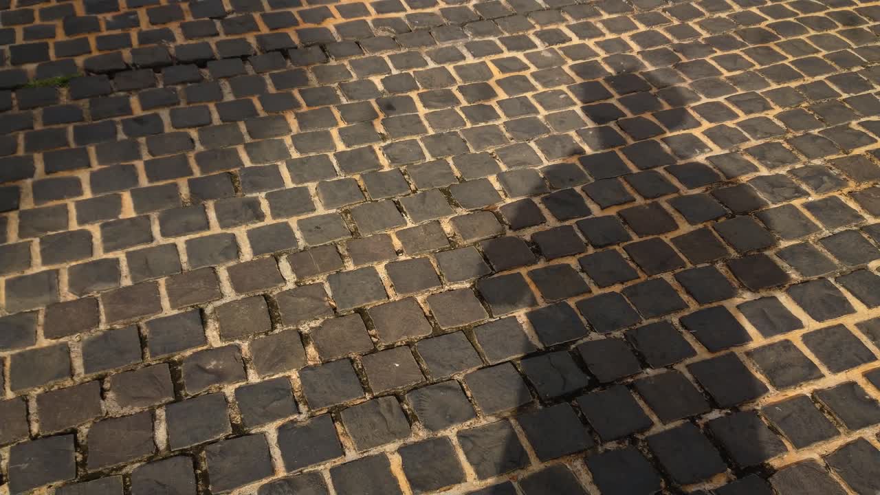 다른 사람들이 지나갈 때 자신의 그림자를 드리우면서 벽돌로 된 포장 도로에 서서 자신의 그림자를 드리우는 남자