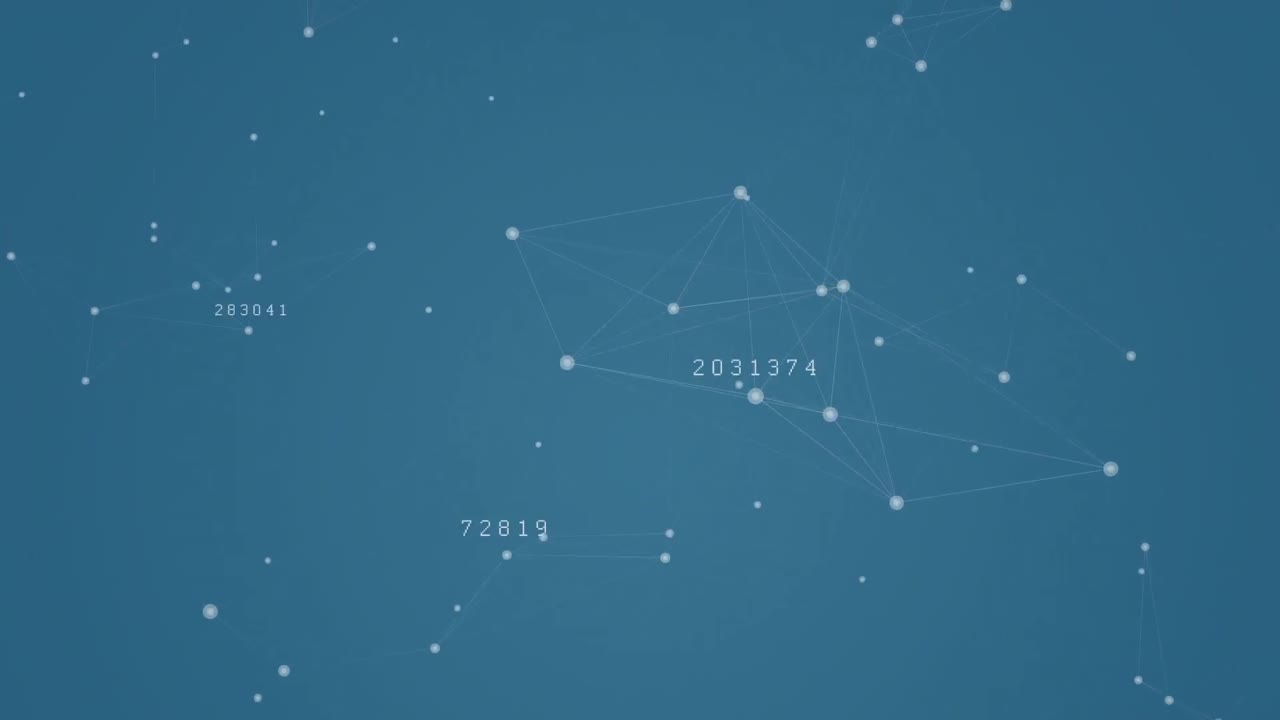 Animation of changing numbers and network of connections against blue background