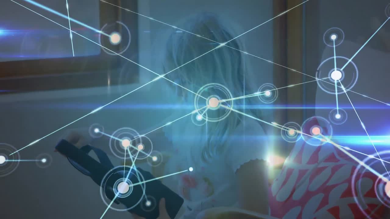 vr 헤드 ⁇ 을 사용하는 소녀를 통한 연결 네트워크.