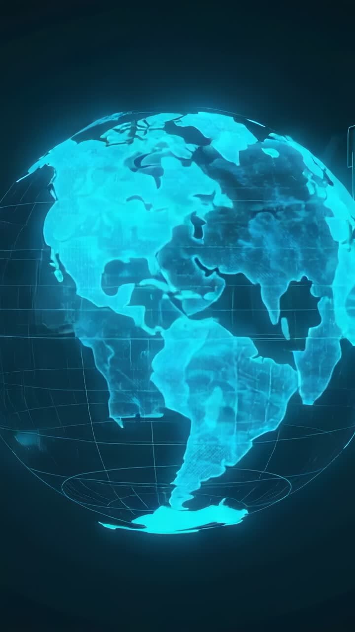 Vertical video: Opening holographic Earth rotating in dark void, showing grid lines on continents