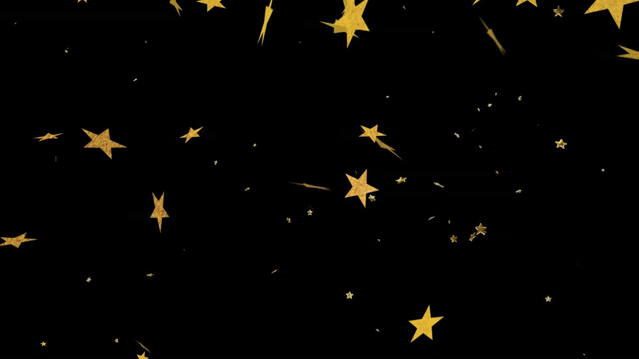 Gold stars drifting from sides initiating two purple ribbons waving and creating starfield