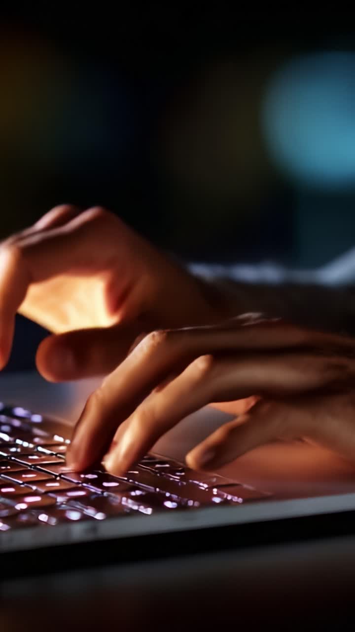 Primo piano di mani che digitano sulla tastiera di un laptop in un ambiente scarsamente illuminato, dimostrando concentrazione e precisione nella comunicazione digitale