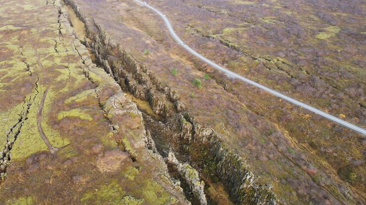 Beautiful aerial of Langistigur canyon in Thingvellir national park in Iceland on a sunny day