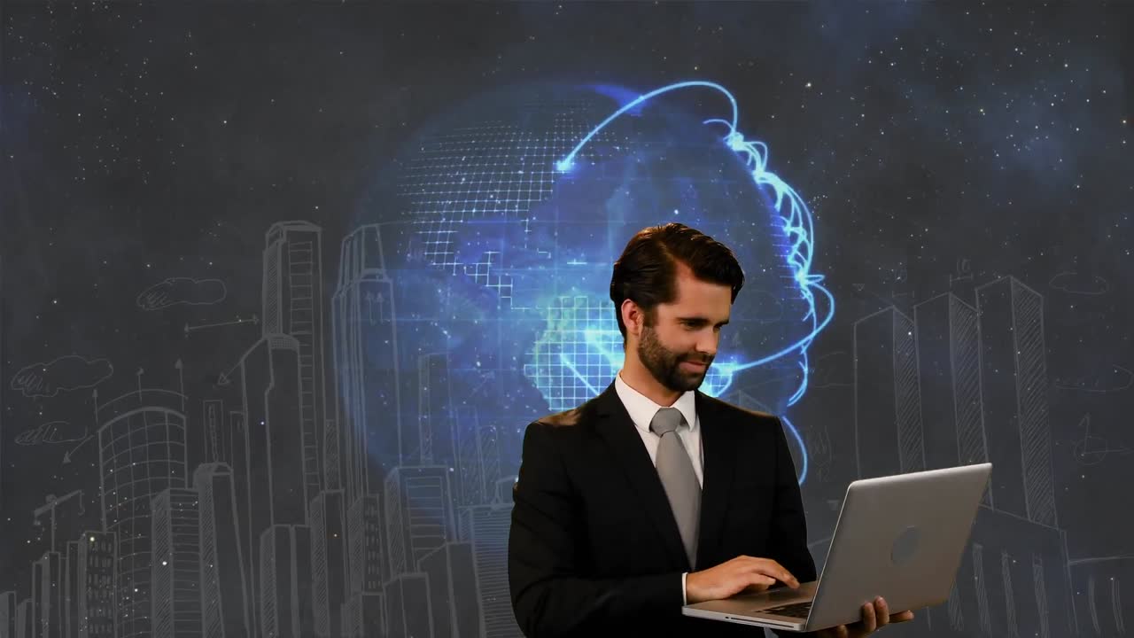 animación de un feliz hombre de negocios caucásico trabajando en una computadora portátil sobre la pantalla con el globo y el paisaje urbano