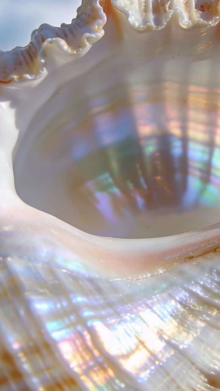 Video verticale: Conchiglia madreperlacea che mostra bande che scorrono dopo uno spostamento della telecamera, rivelando il bagliore della madreperla.