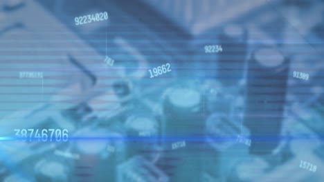 animation of numbers changing and lens flare over defocused motherboard