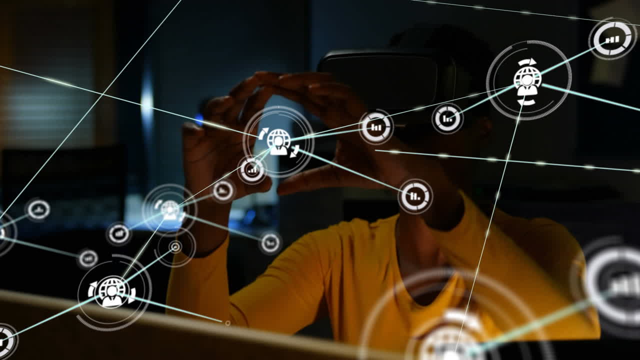 Animation of networks of connections and businesswoman wearing phone vr headset