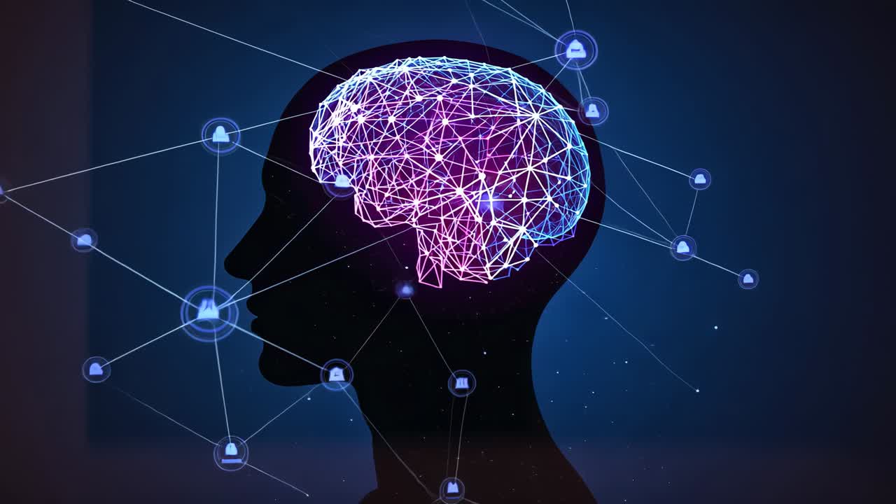 Opening frame showing neural mesh linking to cloud and building icons around profile in starfield