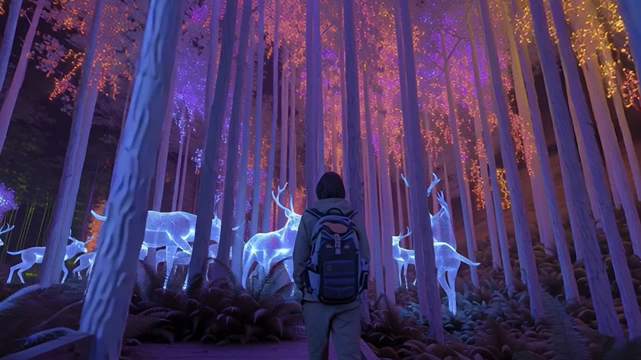 Foresta di cervi luminosi sotto alberi vibranti di notte