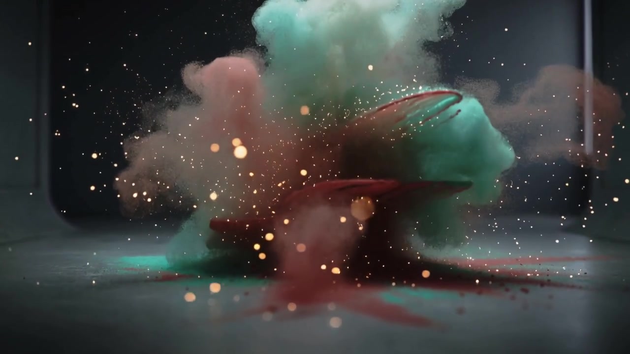 Nuvola esplosiva di polvere rossa e verde acqua che rilascia particelle d'oro, gonfiandosi e sporcando il pavimento dello studio.