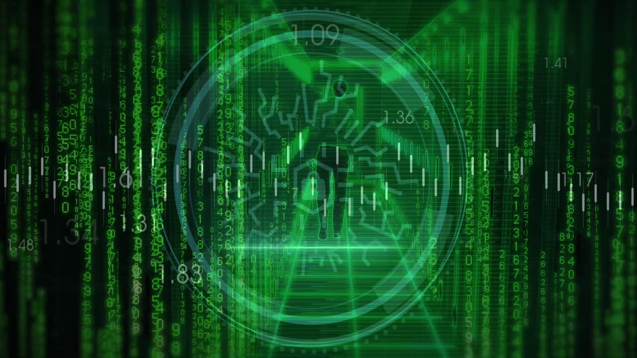 Animation of binary coding and data processing over computer servers
