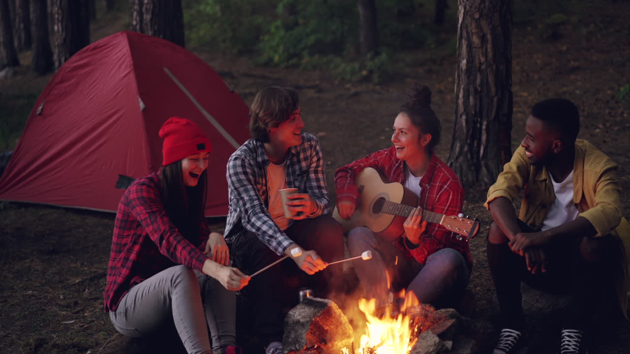 친구 들 이 캠프 불 밤 을 즐기고 있다