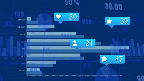 Animación-De-Iconos-De-Redes-Sociales-Sobre-Procesamiento-De-Datos-Estadísticos-Sobre-Fondo-Azul.