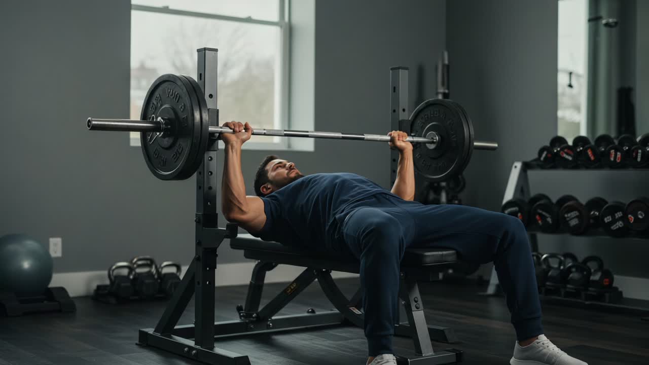Dynamic Weightlifting: A Fitness Enthusiast Engages in Bench Press Exercise in a Well-Equipped Gym, Focusing on Strength and Muscle Development