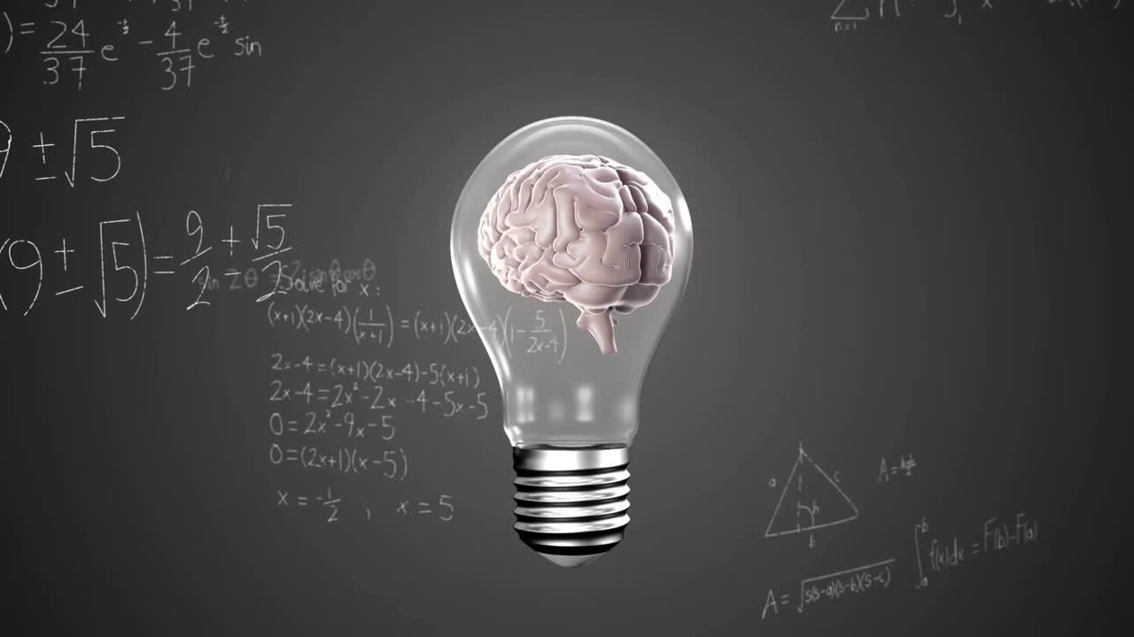 Animation of lightbulb with brain over mathematical equations