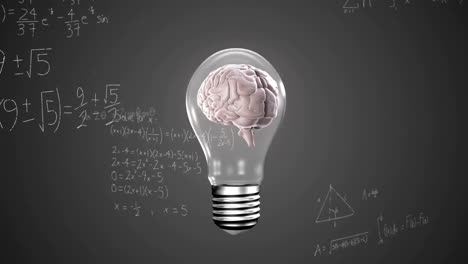 animación de una bombilla con cerebro sobre ecuaciones matemáticas