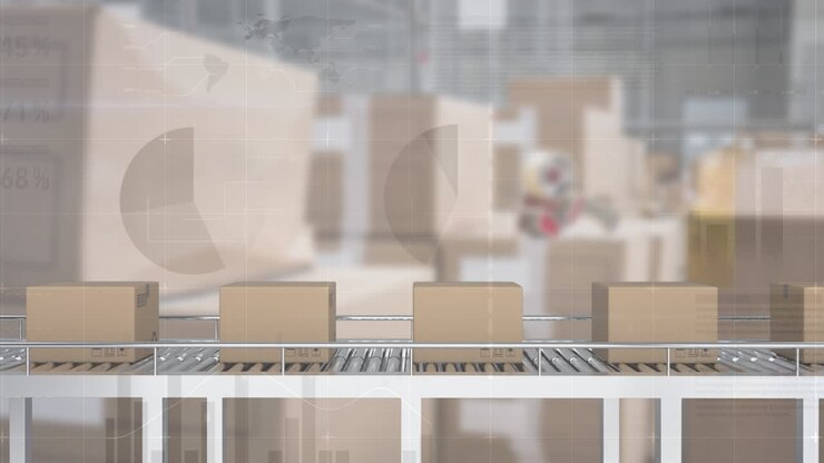 Animation of data processing over boxes on conveyor belt in warehouse
