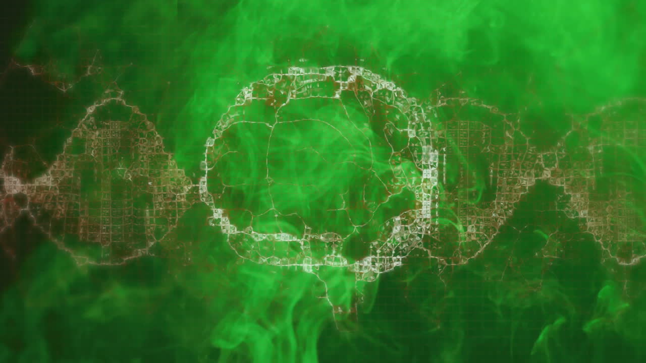 Digital 3D-rendered DNA helix looping over green mist scene, glowing red square modules shifting