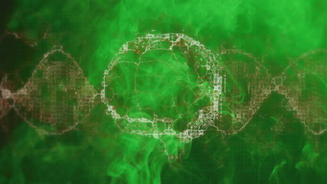 digital 3d-rendered dna helix looping over green mist scene, glowing red square modules shifting