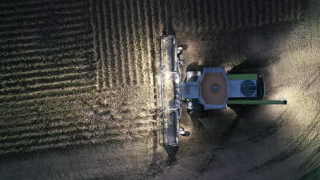 cosechadora combinada por la noche cosechando un campo de soja