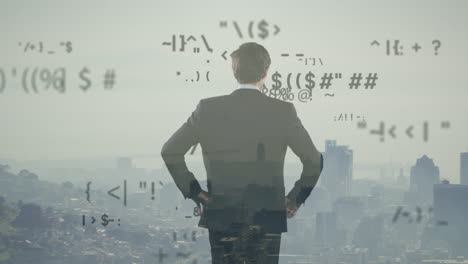 animación de procesamiento de datos y empresario caucásico sobre el paisaje urbano