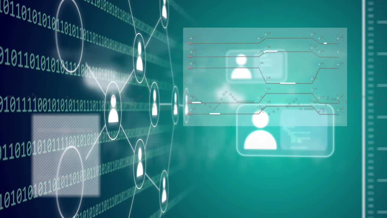 animación de iconos digitales, codificación binaria y procesamiento de datos