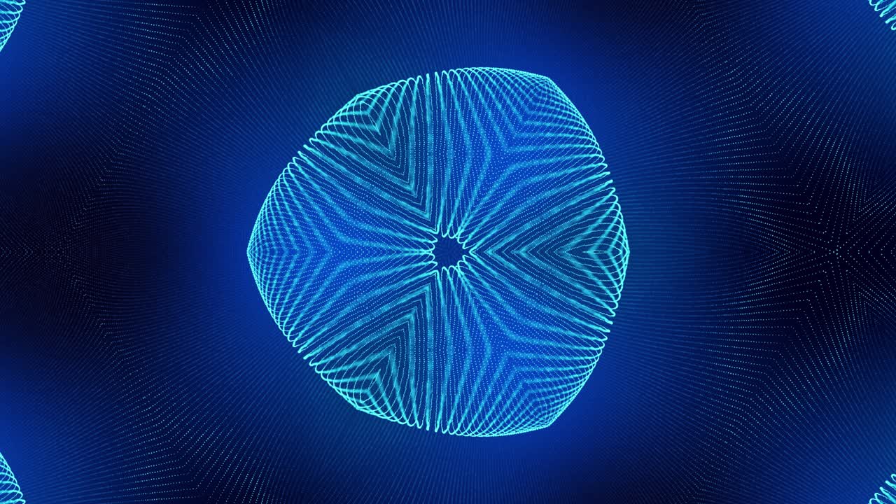 빛나는 입자의 4k 루프 추상적인 파란색 배경은 구부러진 선을 형성하고, 카레도스코프 홀로그램과 같은 대칭 구조의 표면을 형성합니다.