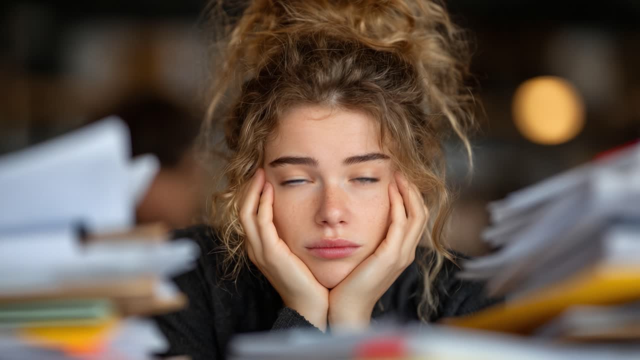 A Young Woman Deep in Thought Surrounded by Papers Reflects on Her Overwhelming Feelings of Stress and Fatigue in a Chaotic Study Environment