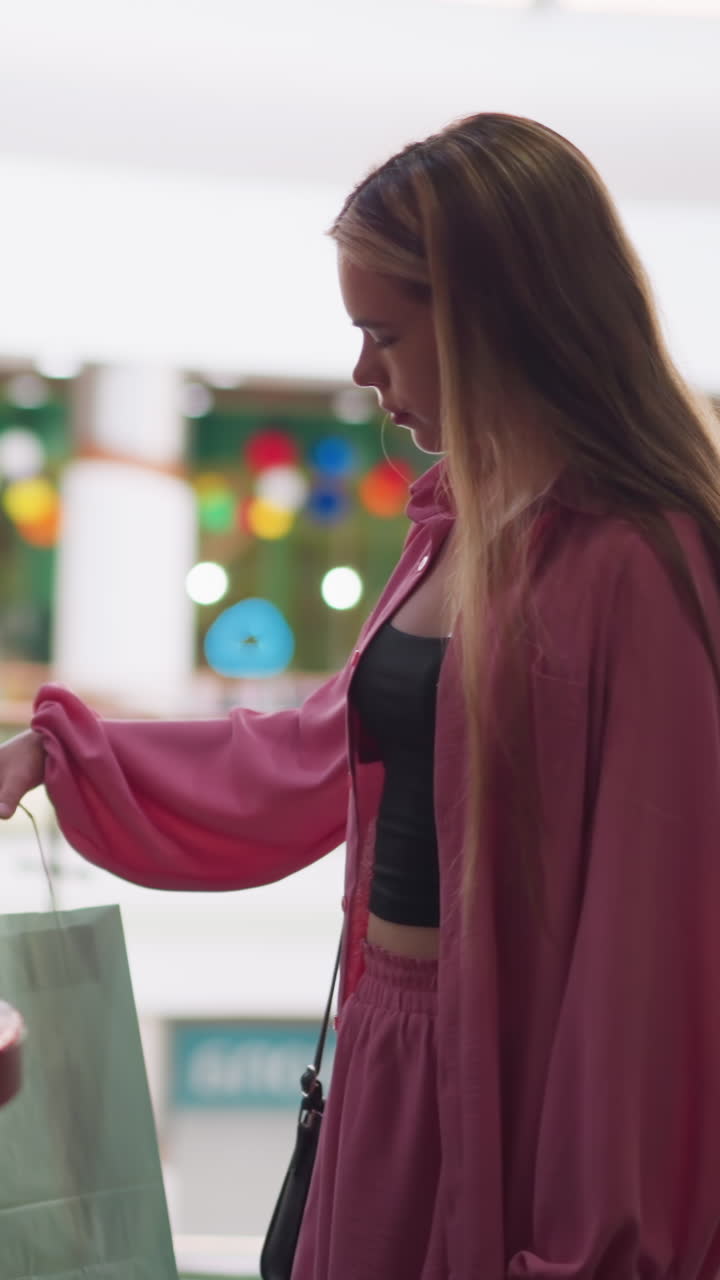 dama blanca en vestido rosa camina hasta un asiento en un centro comercial, dejando caer sus bolsas de compras en una mesa de madera y descansando su mano en ella, el fondo muestra a la gente caminando alrededor en un ligeramente borroso