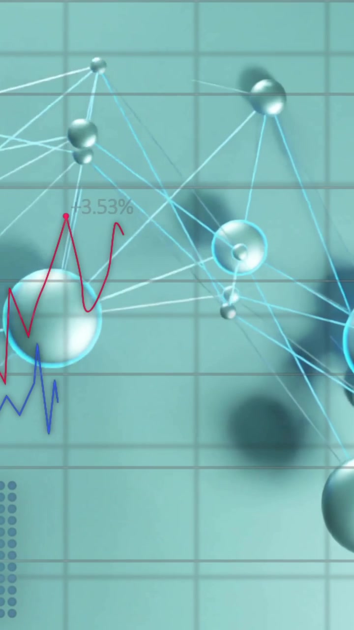 Animazione di elaborazione dati finanziari e rete di connessioni con icone su sfondo grigio