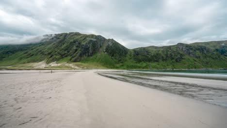 hyperlapse flying over the beautiful sandy beach of hoddevika in norway