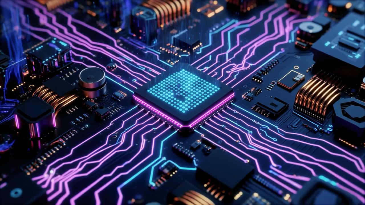 Futuristisk computerprocessorchip med glødende datakredsløb