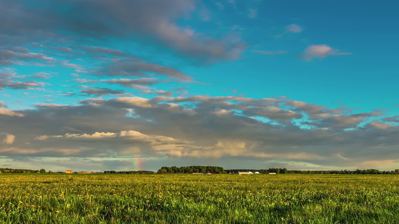 tiro de lapso de tiempo de la puesta de sol sobre un campo de trigo dorado en una granja