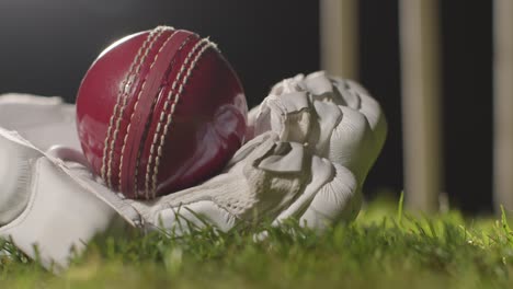 cricket still life with close up of ball lying in glove on grass in front of stumps 1