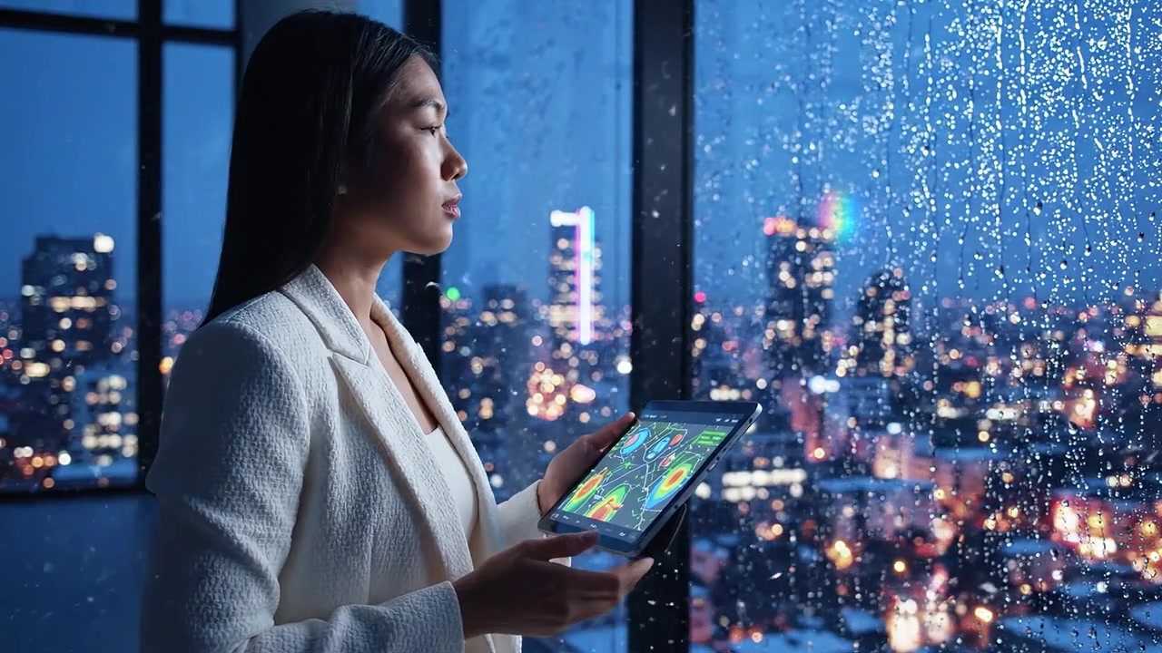 Donna concentrata analizza dati su tablet mentre osserva un paesaggio urbano piovoso attraverso la finestra, evidenziando la vita urbana e la connessione tecnologica.
