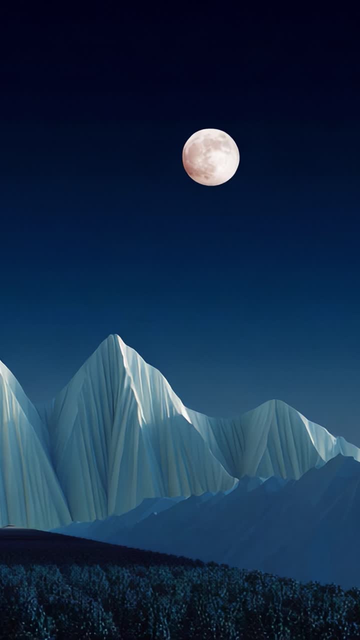 A serene mountainous landscape illuminated by a glowing moon in a night sky, showcasing the enchanting beauty of nature with majestic peaks and tranquil surroundings under a starry expanse
