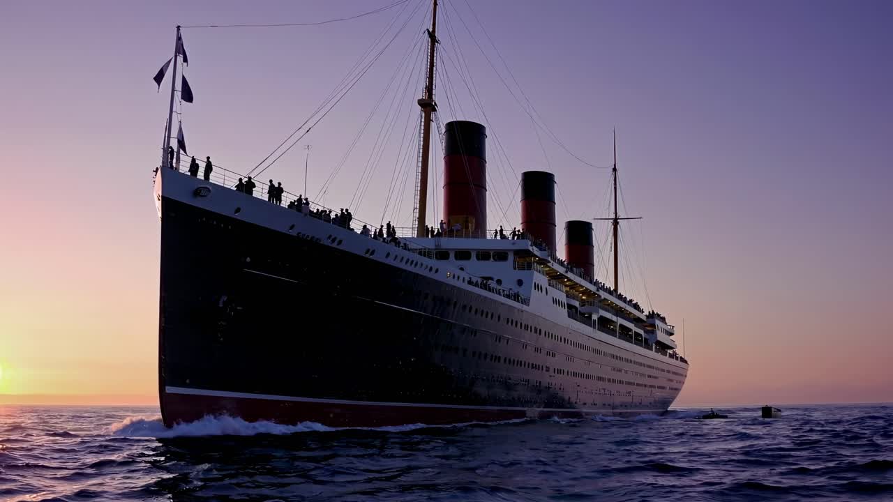 Low-angle video shot of a majestic ocean liner at sunset, highlighting its grandeur and scale