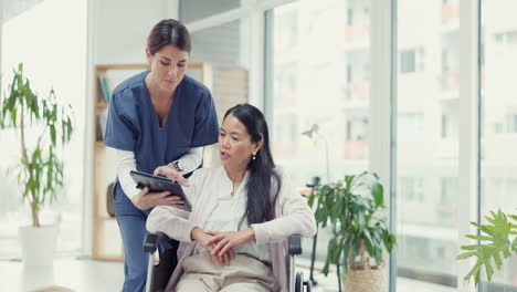tablet, wheelchair or nurse talking to woman