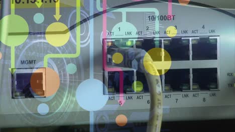 animation of network of connections and scopes scanning over close up of computer connections