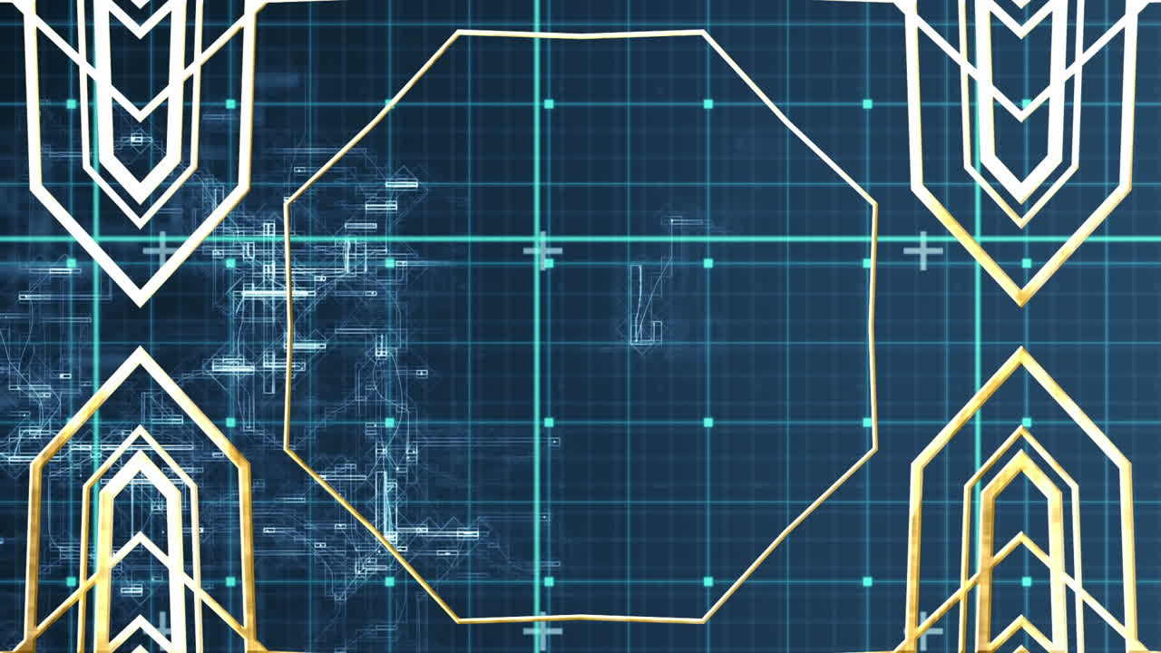 체크된 파란색 공간 위에서 변하는 기하학적 모양의 애니메이션