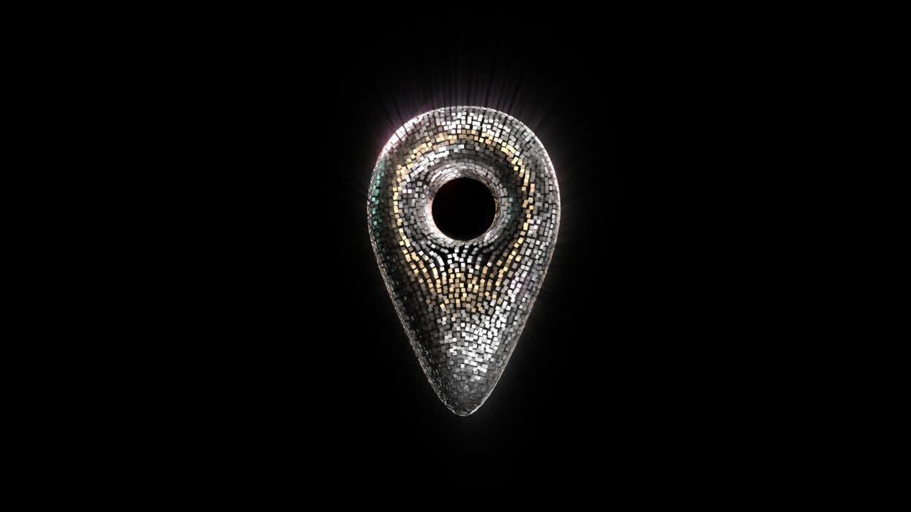 Shimmering Mosaic Location Pin Icon on Black Background