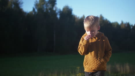 Niño-Rubio-Al-Aire-Libre-Experimentando-Pérdida-De-Dientes