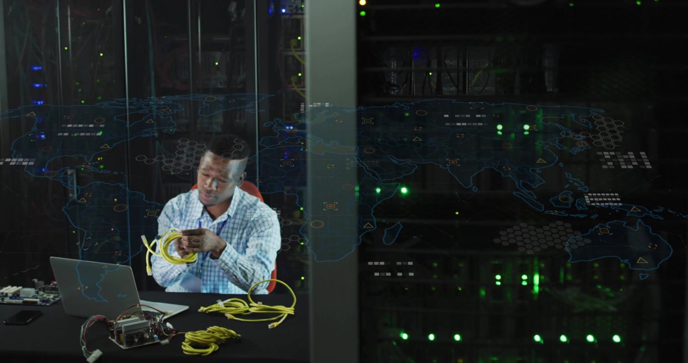 IT tech lifting yellow Ethernet cables, running laptop checks while overlay appearing on rack glass