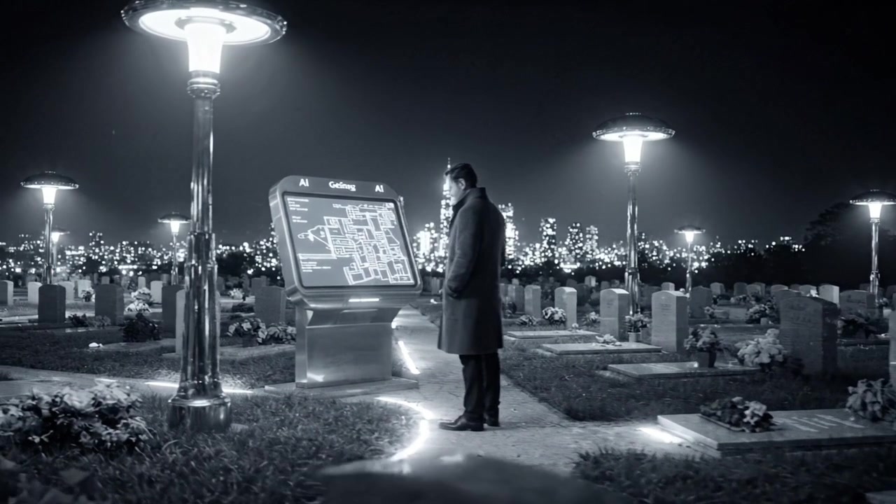 夜の静かな墓地を一人で進む人影。街の明かりと街灯に照らされ、生と追憶の感動的な対比を生み出す