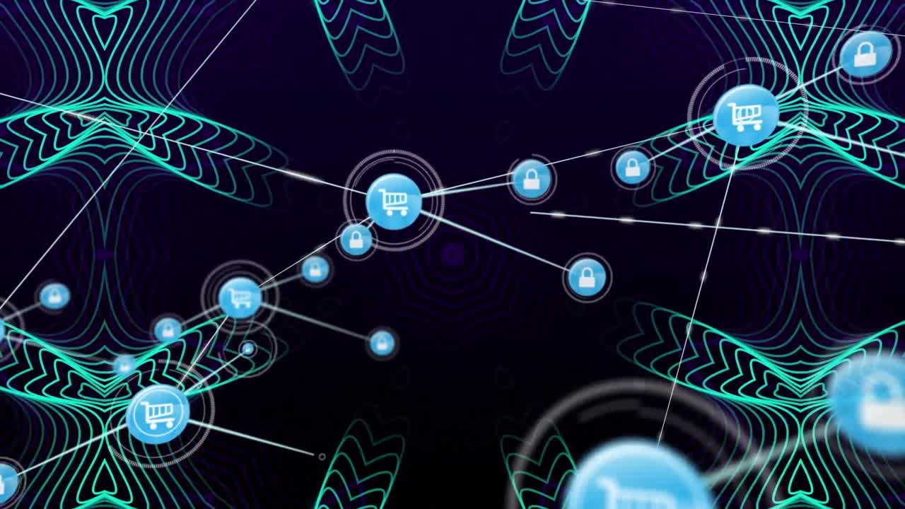 animación de una red de iconos digitales sobre patrones caleidoscópicos contra un fondo negro.