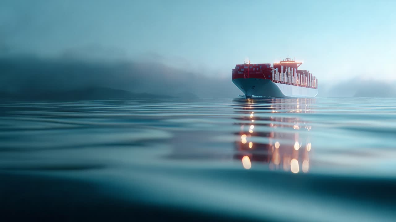 Majestätisches Frachtschiff, das im frühen Morgenlicht ruhiges Wasser befährt, umgeben von Nebel und Reflexionen, für eine friedliche maritime Szenerie.