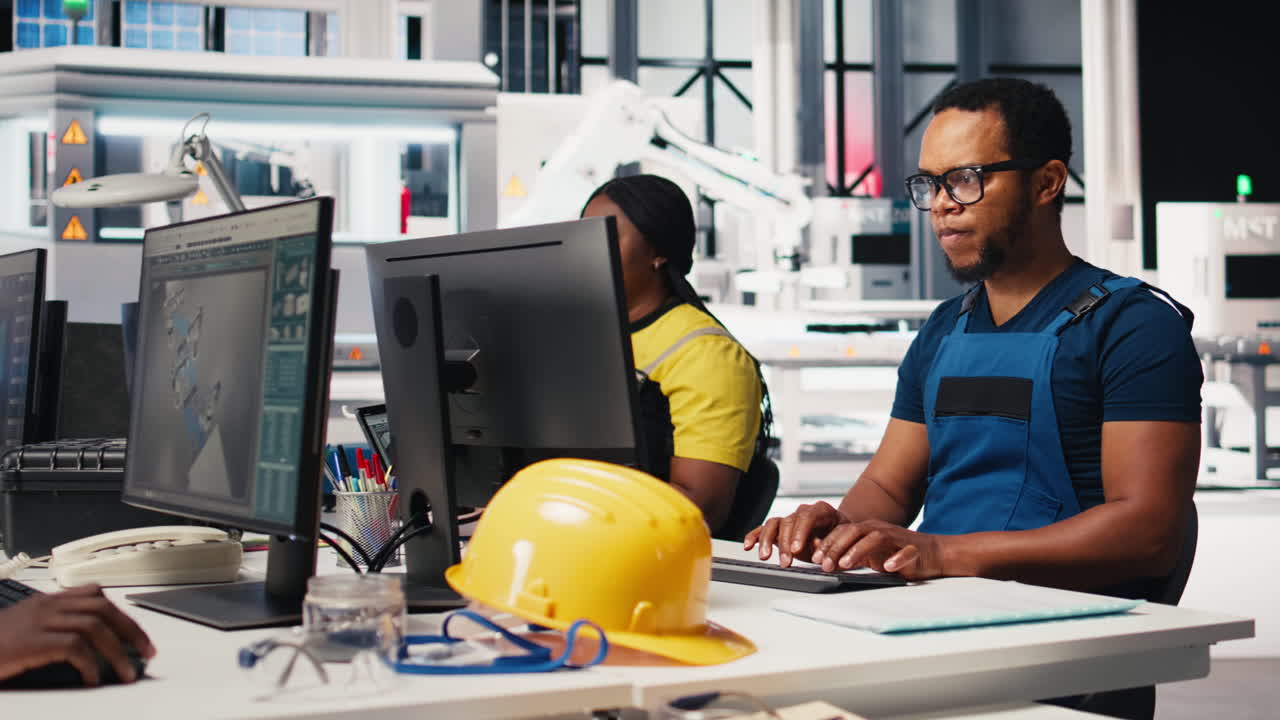 Vertical Video Employee uses computer to control robotic arms in solar factory